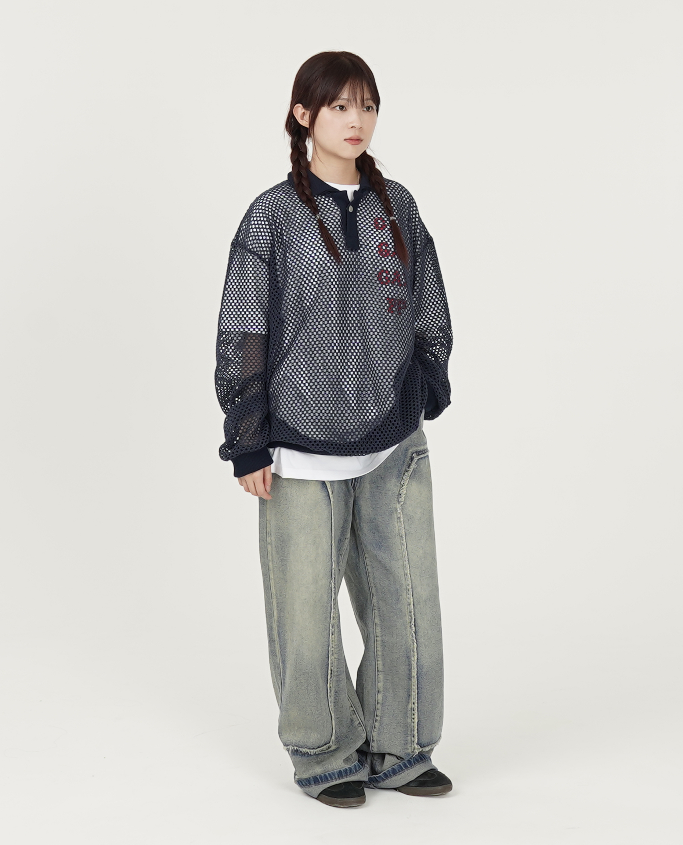 半側弧型毛邊刷色牛仔