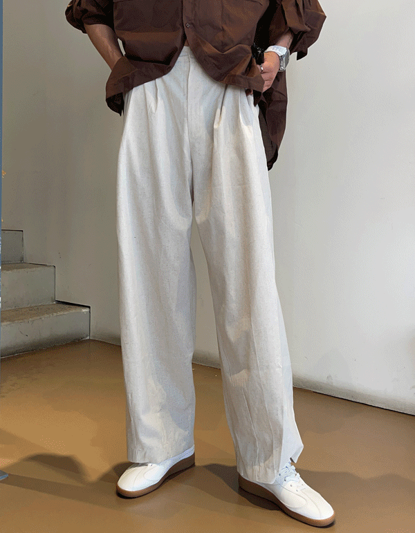 夏季亞麻寬腿雙褶褲