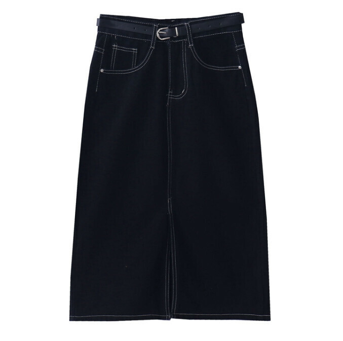 Hot selling slit denim skirt [black comes with belt] [Size]