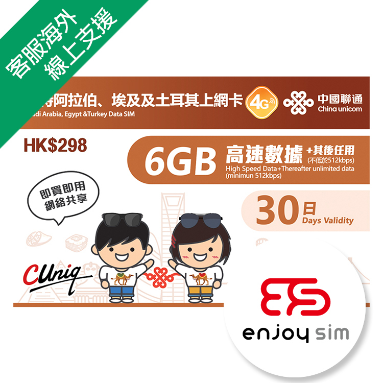 中國聯通 - 30日【沙特阿拉伯、埃及、土耳其】(6GB) 4G 無限上網卡數據卡SIM咭