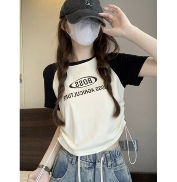 Summer letter print drawstring short sleeve T (black) [Size: S-L] [Contact customer service to confirm the shipping size after placing an order]