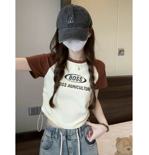 Summer letter print drawstring short sleeve T (coffee color) [Size: S-L] [Contact customer service to confirm the shipping size after placing an order]