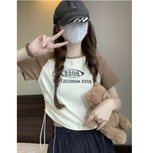 Summer letter print drawstring short sleeve T (khaki) [Size: S-L] [Contact customer service to confirm the shipping size after placing an order]