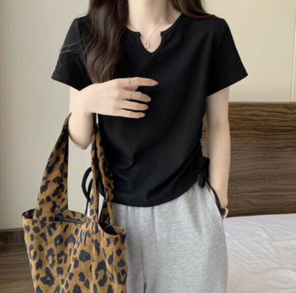Summer small V-neck short drawstring short sleeve t (black) [Size: S-L] [Contact customer service to confirm the shipping size after placing an order]