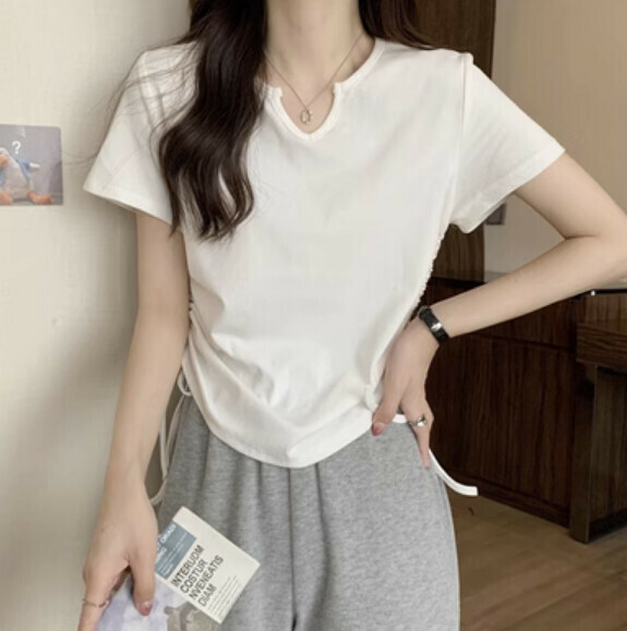 Summer small V-neck short drawstring short sleeve t (white) [Size: S-L] [Contact customer service to confirm the shipping size after placing an order]