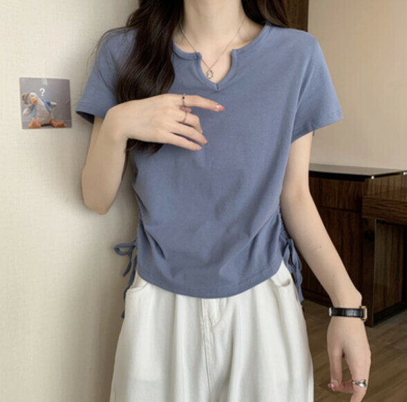 Summer small V-neck short drawstring short sleeve t (blue) [Size: S-L] [Contact customer service to confirm the shipping size after placing an order]
