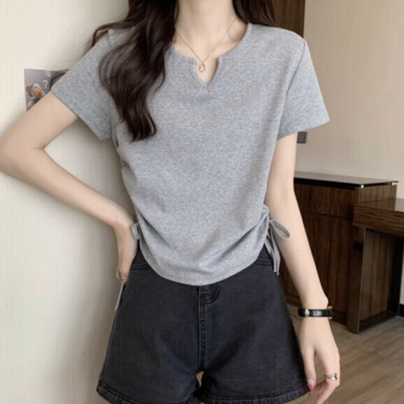 Summer small V-neck short drawstring short sleeve t (gray) [Size: S-L] [Contact customer service to confirm the shipping size after placing an order]