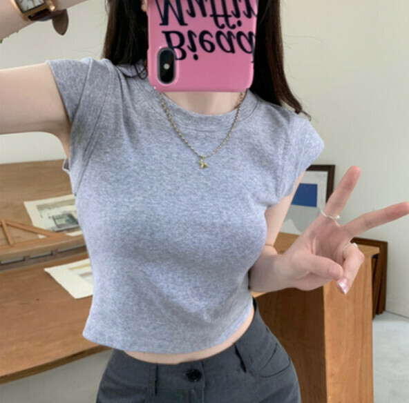 Summer Round Neck Small Flying Sleeve T (Gray) [One Size]