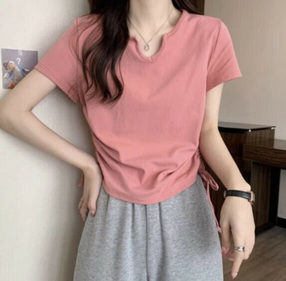 Summer small V-neck short drawstring short sleeve t (pink) [Size: S-L] [Contact customer service to confirm the shipping size after placing an order]