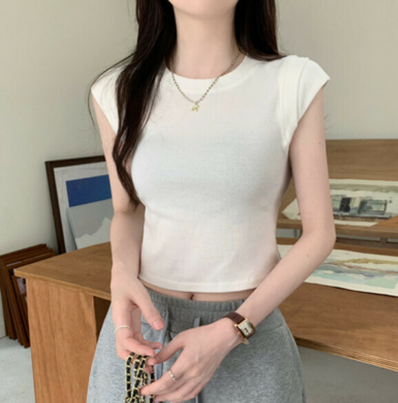 Summer Round Neck Small Flying Sleeve T T (White) [One Size]