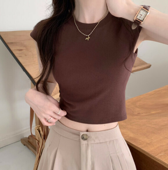 Summer round neck small flying sleeve t (coffee color) [one size]
