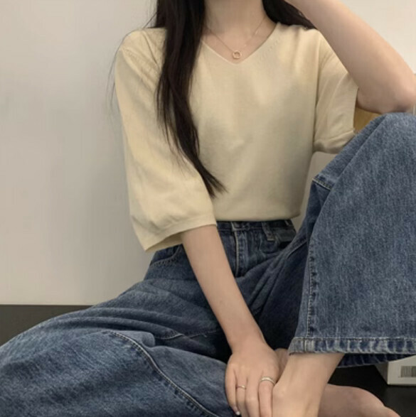Summer V-neck knitwear (apricot) [Size: S-XL] [Contact customer service to confirm the shipping size after placing an order]