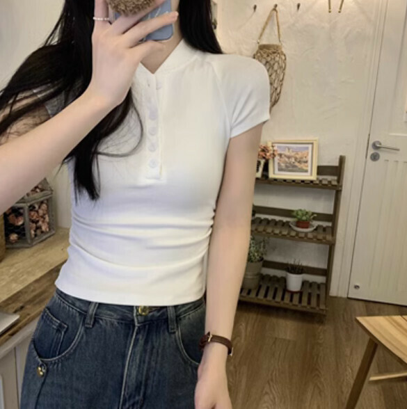 Summer pleated shoulder short sleeve T (white) [Size: S-L] [Contact customer service to confirm the shipping size after placing an order]