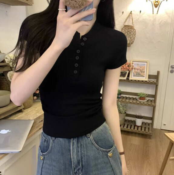 Summer pleated shoulder short sleeve T (black) [Size: S-L] [Contact customer service to confirm the shipping size after placing an order]