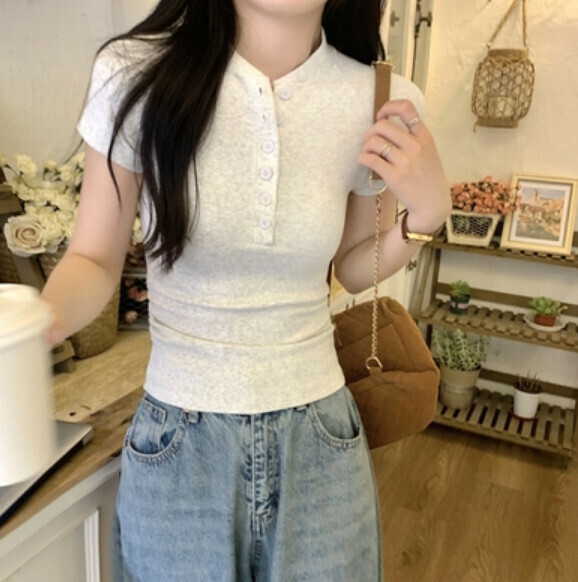 Summer pleated shoulder short sleeve T (gray) [Size: S-L] [Contact customer service to confirm the shipping size after placing an order]