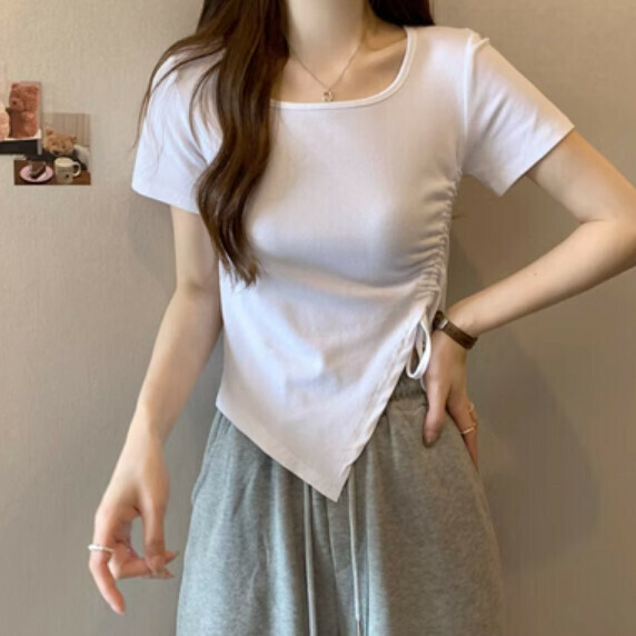 Summer Square Neck Irregular Short Sleeve T (White) [One Size]