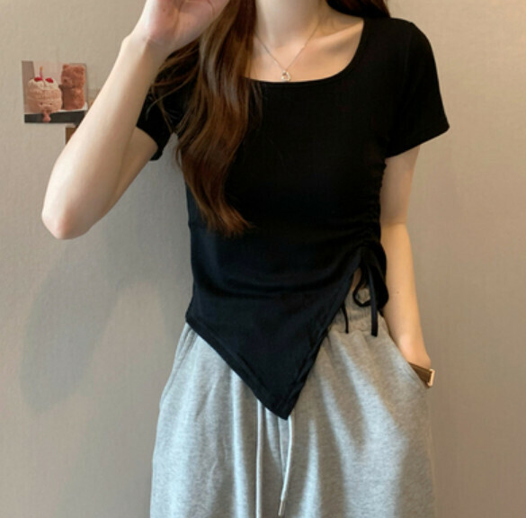 Summer Square Neck Irregular Short Sleeve T Strap (Black) [One Size]