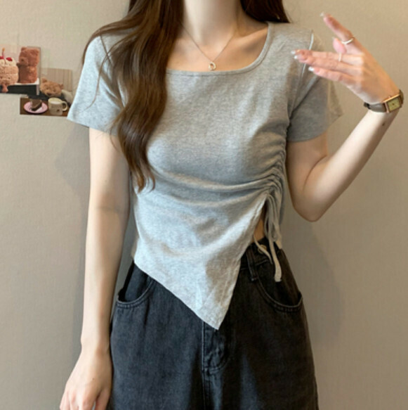 Summer Square Neck Irregular Short Sleeve T (Gray) [One Size]