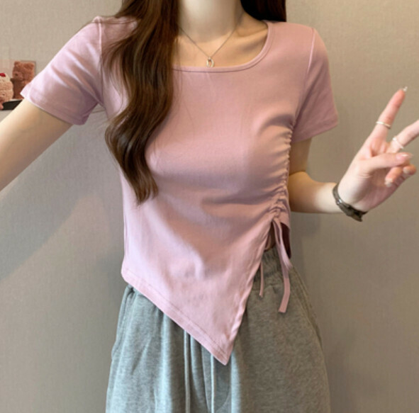 Summer square neck irregular short sleeve T (pink purple) [one size]