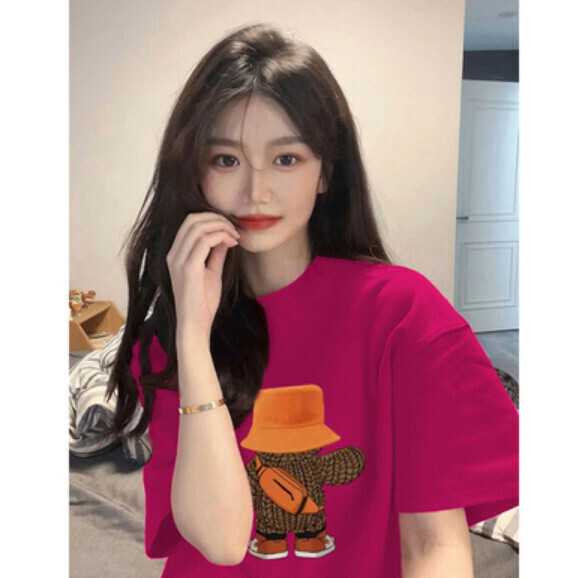 Summer loose cartoon print T (rose red) [Size: S-2XL] [Contact customer service to confirm the shipping size after placing an order]