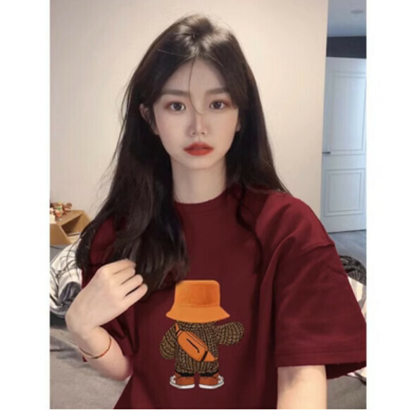 Summer loose cartoon print T (burgundy) [Size: S-2XL] [Contact customer service to confirm the shipping size after placing an order]