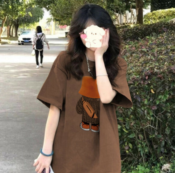 Summer loose cartoon print T-卹 (brown) [Size: S-2XL] [Contact customer service to confirm the shipping size after placing an order]