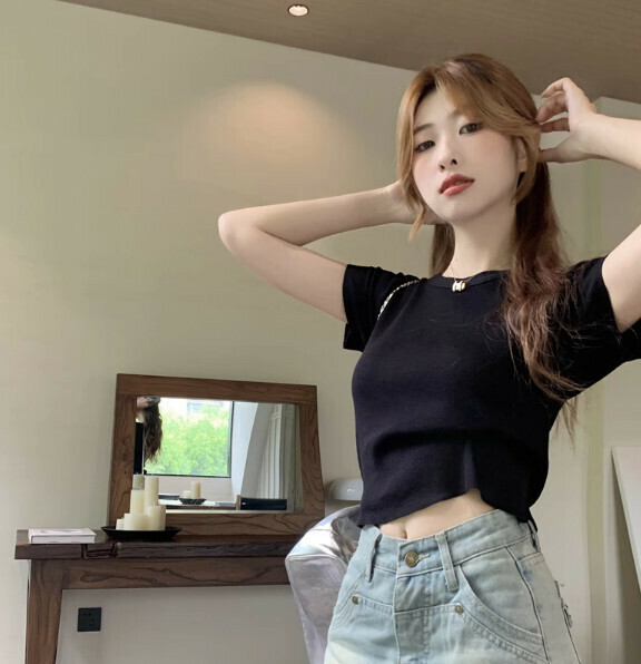 Summer Crew Neck Simple Knit (Black) [One Size]