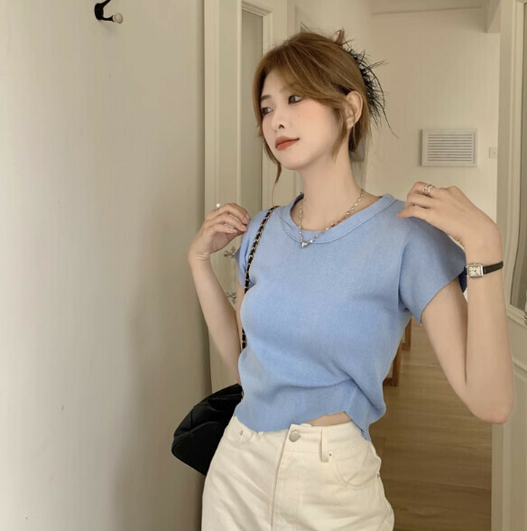 Summer Crew Neck Simple Knit (Blue) [One Size]