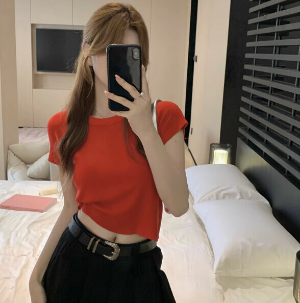 Summer Crew Neck Simple Knit (Red) [One Size]