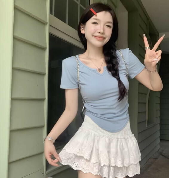Summer irregular V-neck shoulder short sleeve T (blue) [Size: S-L] [Contact customer service to confirm the shipping size after placing an order]