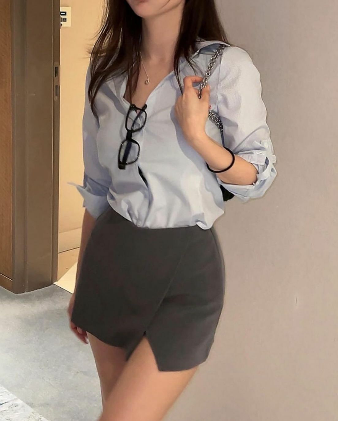 開叉顯長腿短裙(灰色)