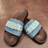[S] MOSCHINO LOGO SLIDE GLITTER POOL SANDALS,BLACK/BLUE, MA28632G0EMJV700 (SM786)