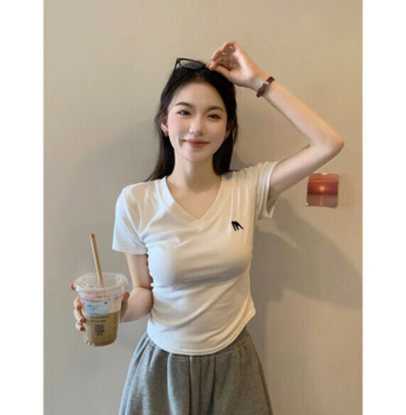 Summer V-neck slim skinny short sleeve t (white) [Size: S-L] [Contact customer service to confirm the shipping size after placing an order]