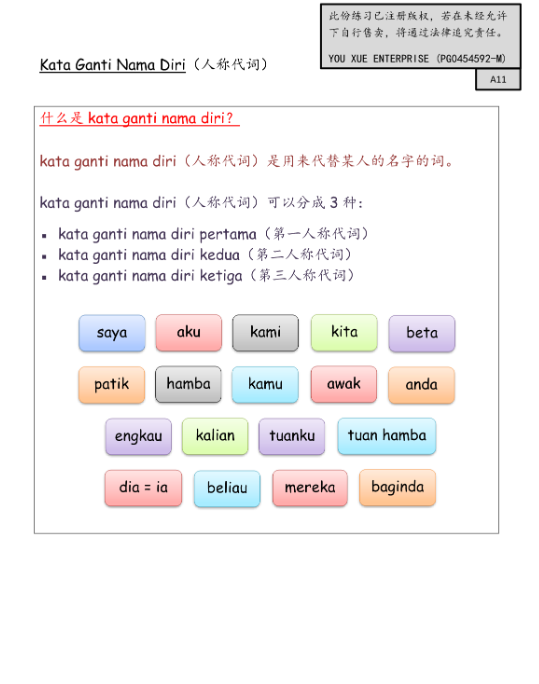 优学教育分享 Kata Ganti Nama Diri（附送1-6年级740习题）送stabilo 2B笔一盒