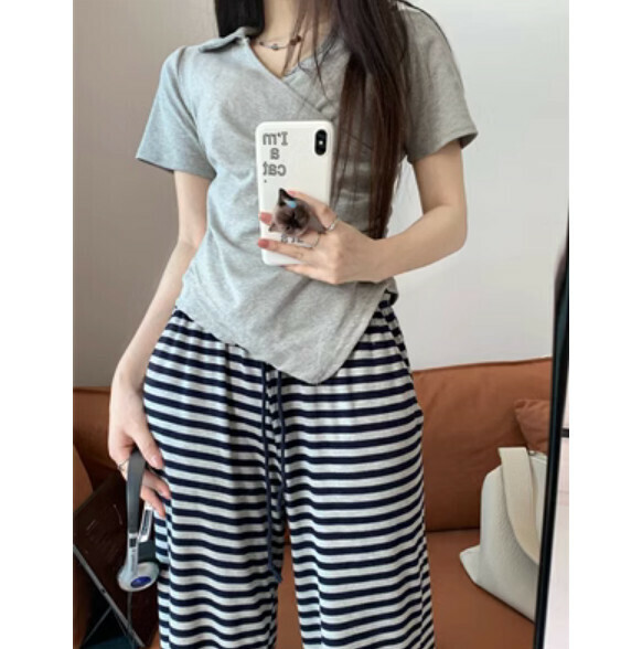 Summer V-neck irregular short sleeve T (gray) [Size: S-L] [Contact customer service to confirm the shipping size after placing an order]