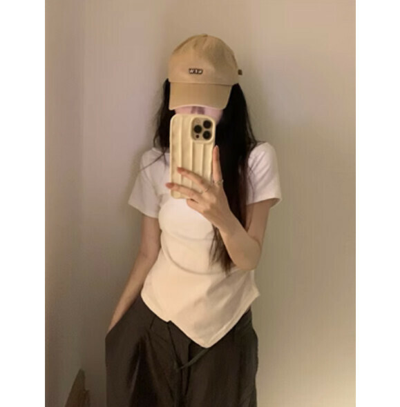 Summer V-neck irregular short sleeve T (white) [Size: S-L] [Contact customer service to confirm the shipping size after placing an order]