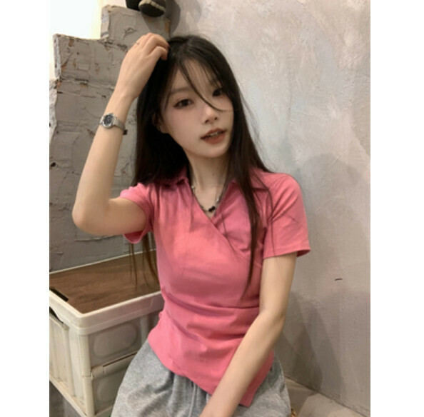 Summer V-neck irregular short sleeve T (pink) [Size: S-L] [Contact customer service to confirm the shipping size after placing an order]