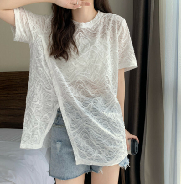 Summer irregular slit short sleeve T (white) [Size: S-L] [Contact customer service to confirm the shipping size after placing an order]
