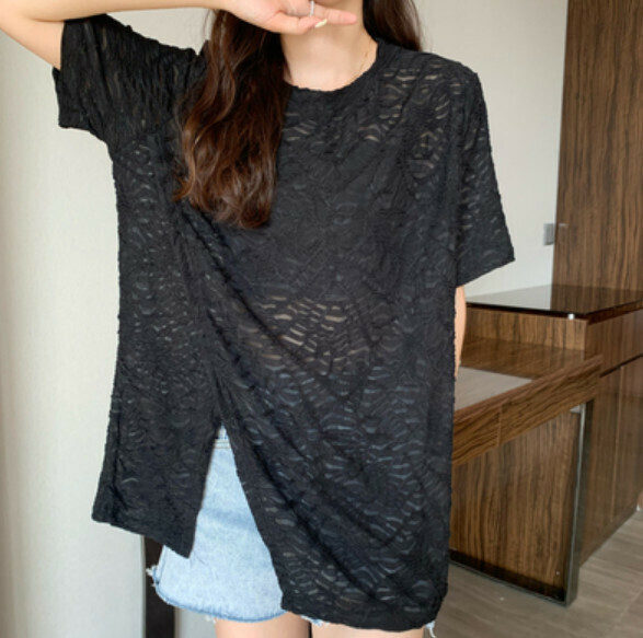 Summer irregular slit short sleeve T (black) [Size: S-L] [Contact customer service to confirm the shipping size after placing an order]