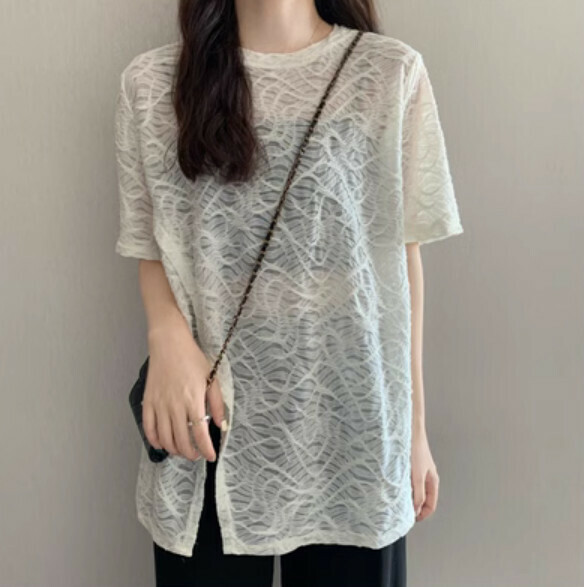 Summer irregular slit short sleeve T (apricot) [Size: S-L] [Contact customer service to confirm the shipping size after placing an order]