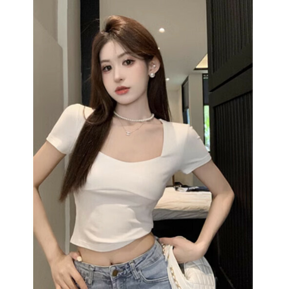 Summer Square Neck White Short Sleeve T Shirt (White) [One Size]