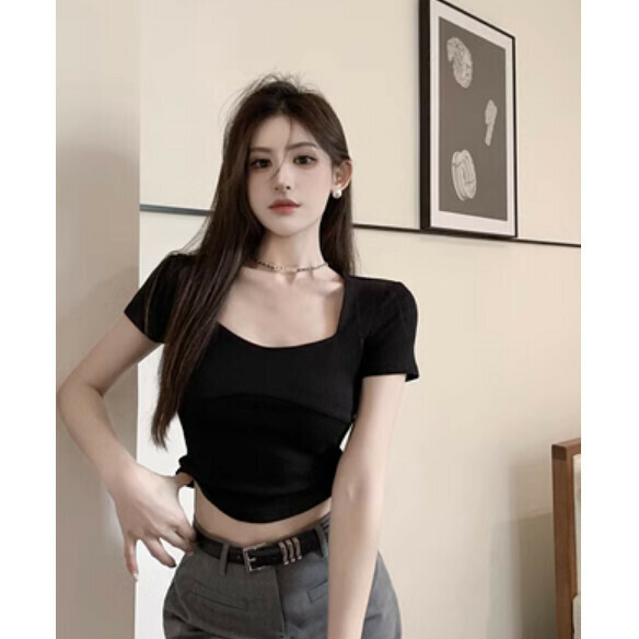 Summer Square Neck White Short Sleeve T (Black) [One Size]