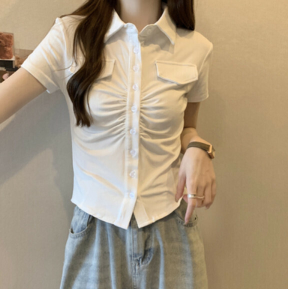 Summer Polo Neck Shoulder Short Sleeve T Shirt (White) [Size: S-L] [Contact Customer Service to Confirm Shipping Size After Placing an Order]