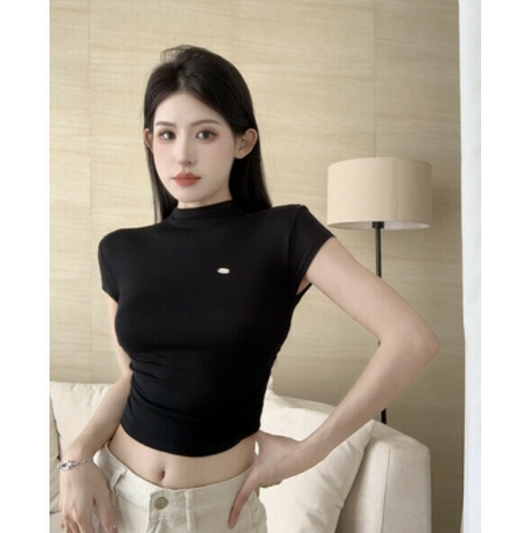 Summer Short Waist Shirred Short Sleeve T (Black) [One Size]