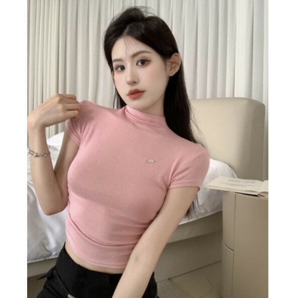 Summer Short Waist Shirred Short Sleeve T (Pink) [One Size]