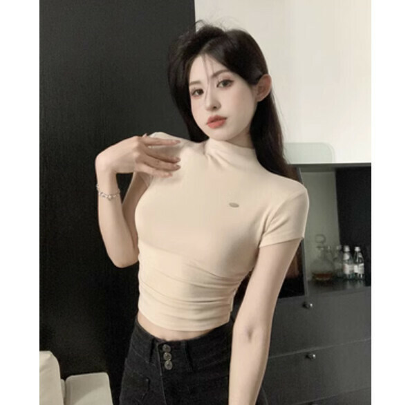Summer short waist shirred short sleeve T (camel color) [one size]