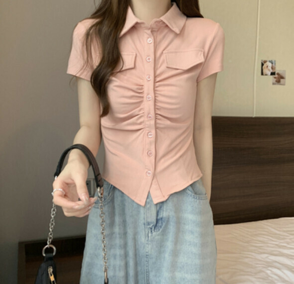 Summer Polo Neck Shoulder Short Sleeve T (Pink) [Size: S-L] [Contact customer service to confirm the shipping size after placing an order]