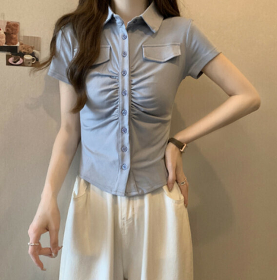 Summer Polo Neck Shoulder Short Sleeve T (Blue) [Size: S-L] [Contact Customer Service to Confirm Shipping Size After Placing an Order]