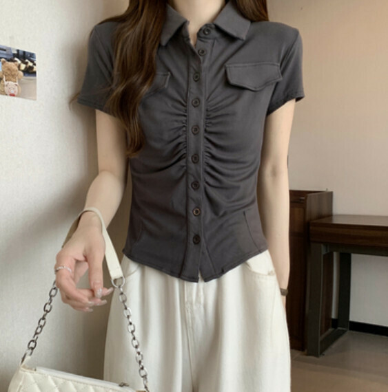 Summer Polo Neck Shoulder Short Sleeve T (Gray) [Size: S-L] [Contact Customer Service to Confirm Shipping Size After Placing an Order]