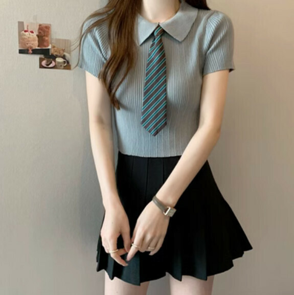 Summer polo neck short-sleeved knit sweater (gray) [Size: S-L] [Contact customer service to confirm the shipping size after placing an order]